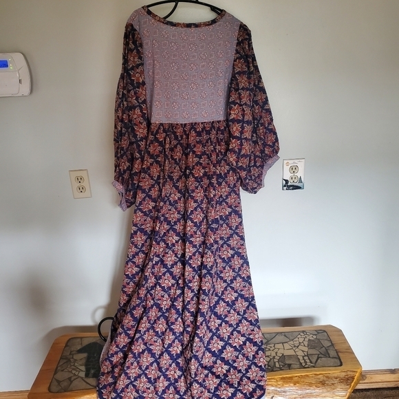 Free People Indigo Combo Long Bell Sleeve Maxi Sz. L Dress - Picture 8 of 15